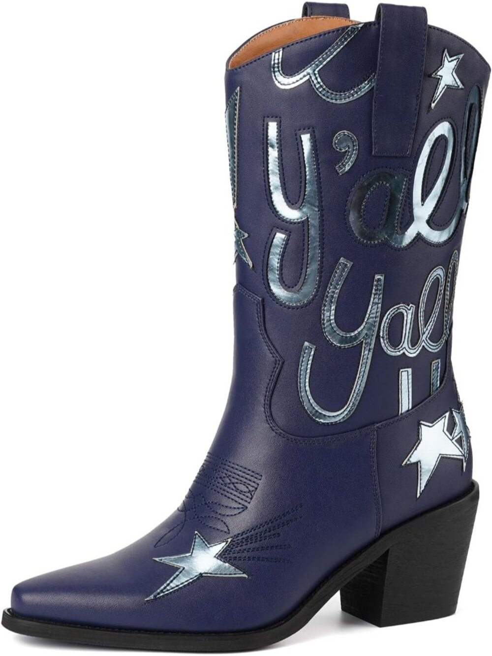 Women’s Navy Blue Pointed Toe Cowboy Boots Mid Calf Cowgirl Embroidered Western